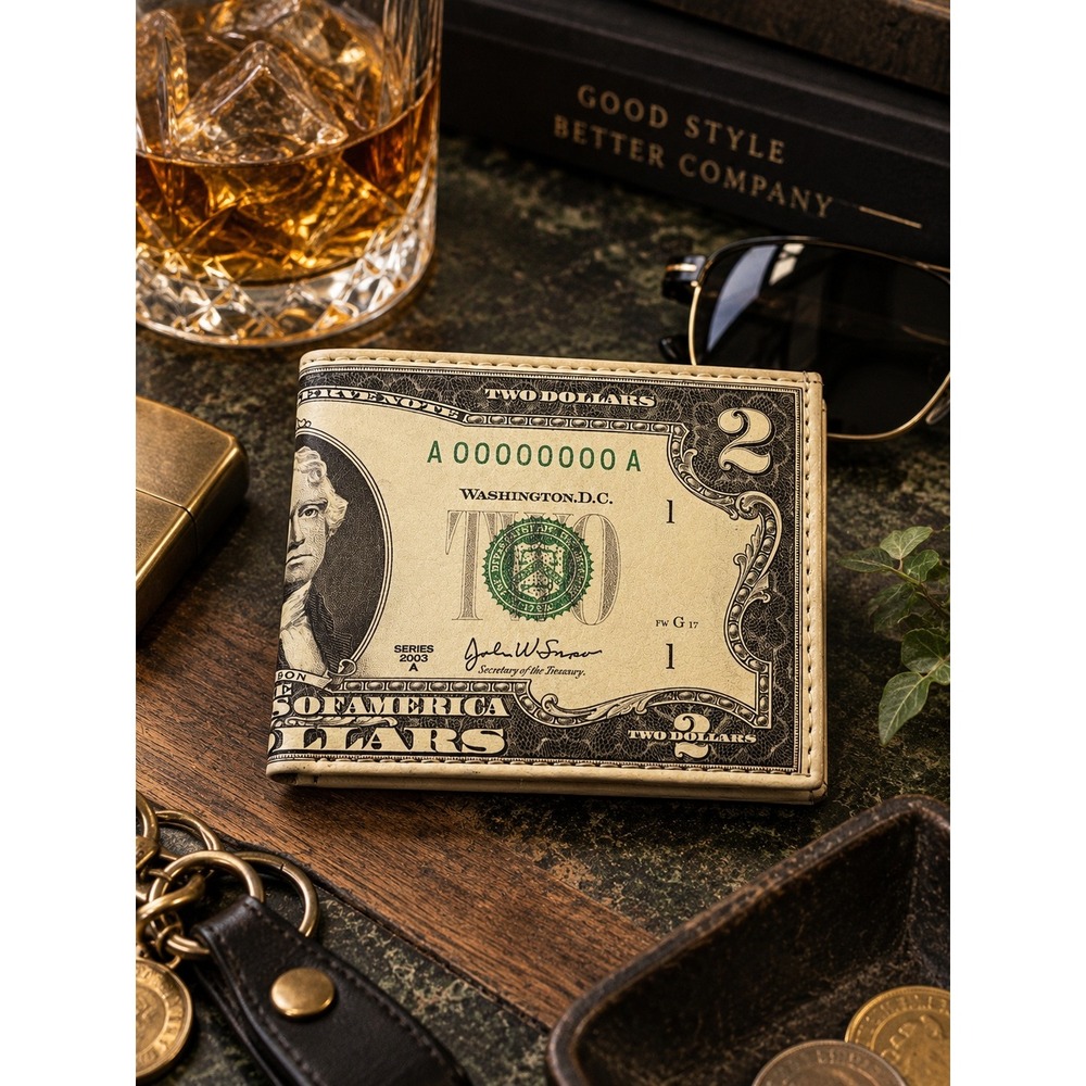 Tems Collection $2 Two Dollar Bill Print Bifold Wallet Cream Novelty Men's